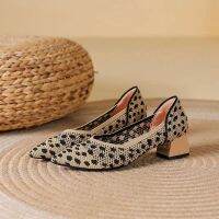 Womens High-Heeled Shoes With Pointed Square Thick Heel Knitted Fashionable Breathable Anti-Slip Beautiful Color 2023 Spring Su