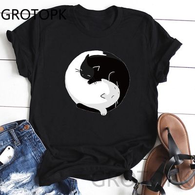 Yin Yang Cats Print Short Sleeve T-shirt Casual Tees Summer Fashion T-shirts 100% Cotton Gildan