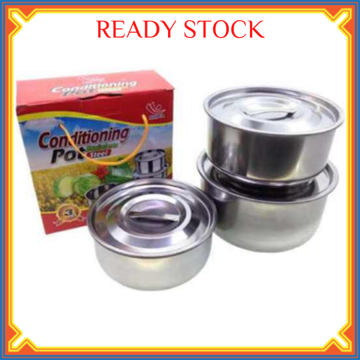 3PCS STAINLESS STEEL INDIAN POT SET / COOKING POT / PERIUK /FOOD POT