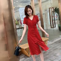 Korean Women Chiffon V Neck Polka Dot Short Sleeve Dress French Vintage Dress