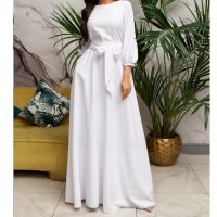 【CC】 Robe Lantern Sleeve O Neck Sashes 2023 New vestidos de