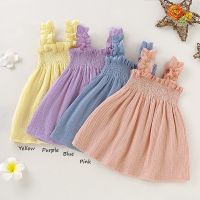 1-5 Years Kids Children Baby Girl Party Dress Linen Cotton Solid Color Straped Cute Summer Dresses Clothes