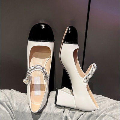 QiaoYiLuo ผู้หญิงใหม่คำ velcro pearl chain รองเท้าอารมณ์ Mary Jane r ส้นหนา jk รองเท้าหนังขนาดเล็ก