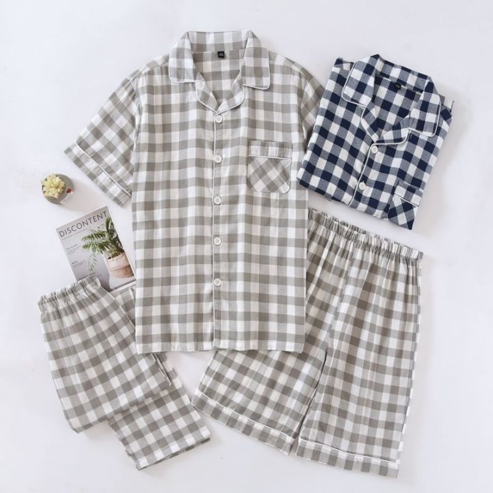 muji-three-piece-plaid-pajamas-mens-summer-thin-cotton-gauze-short-sleeved-trousers-shorts-cardigan-loose-home-clothes