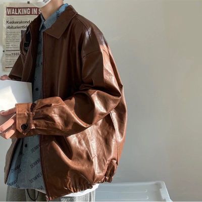 ZZOOI Pu Leather Jacket Men Brown Retro Motorcycle Jacket Autumn Korean Fashion Fried Street Loose Zipper Bomber Jacket Learher Coats