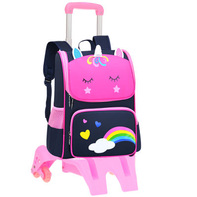Baby Onlineกระป๋าเป้พร้อมรถเข็นลายยูนิคอร์น กระเป๋าล้อลาก2ล้อ กระเป๋านักเรียนน่ารักๆ ตัวกระเป๋าน้ำหนักเบา สินค้าพร้อมส่ง
