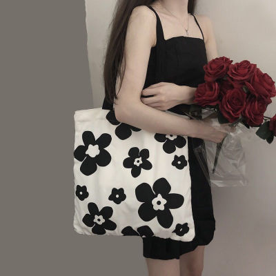 Women Tote Stylish Canvas Bag Floral Print Tote Bag Shopping Bag Canvas Bag Canvas Handbag Black And White Flowers Bag