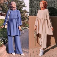 Muslim Two Piece Set Women Abaya Caftan Marocain Soild Tops+Pants Ramadan Dubai Hijab Suit Clothes Loose Muslim Sets Islamic