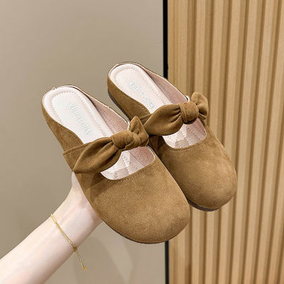 Bowknot New Soft Sole Slippers for Women 2023 Summer Round Head Flat Bottom Casual Half Trailer Outwear Fashion Versatile