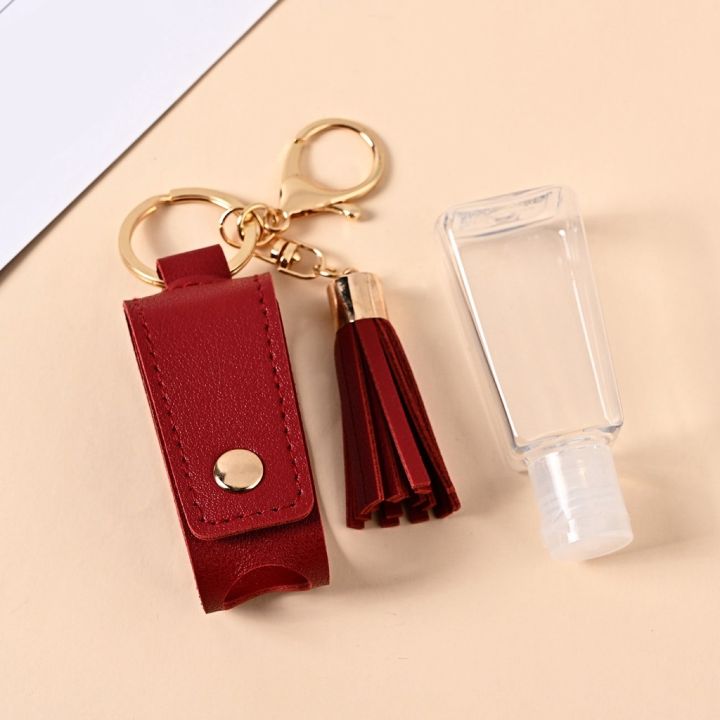 hand-sanitizer-leather-keychain-holder-travel-bottle-refillable-container-30ml-flip-reusable-bottle-with-tassel-keychain-carrier