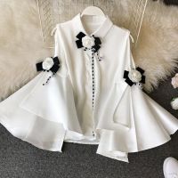 Spring Summer 2020 New Vintage Lapel Strapless Big Flare sleeve Long sleeve Slim Chiffon Shirt 3D Flower Deco Blouse Women