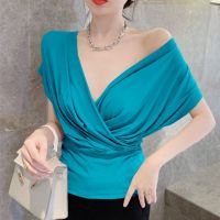 COD DSFDGDFFGHH [Ready Stock] 4XL Large Size Womens Pure Desire Style High Waist Short Sleeve V-Neck Top Solid Color Summer Clavicle Narrow Cotton Thin Design T-Shirt Women