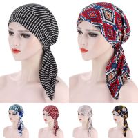 【YF】 Muslim Women Printed Hijabs Hats Turban Head Scarf Chemo Cancer Cap Hair Loss Hat Long Tail Bow Bonnet Wide Band Wrap