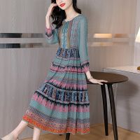 ♕ Korean 2023 Vintage Boho Dresses Summer Plus Size Print Chiffon Sundress Elegant Women Beach Midi Bodycon Short Sleeve Vestidos