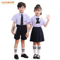 lontakids ชุดเครื่องแบบนักเรียน3-12ปีเด็กหญิงเด็กชาย3ชิ้นสไตล์ไทยชุดกับโบว์หูกระต่ายกระโปรงมีจีบกางเกงขาสั้นสไตล์ยูนิฟอร์มสำหรับจบการศึกษาชุดเครื่องแบบนักเรียนนักร้องการแสดงบนเวที