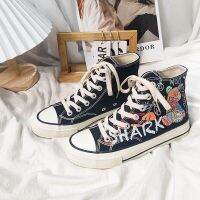 ♟❈  Flat hip-hop hand-painted shoes high printing cartoon canvas shoes to help thin summer campus bind lovely graffiti college