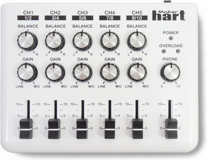 maker-hart-loop-mixer-portable-audio-mixer-with-5-channel-stereo-inputs-3-outputs-via-3-5mm-jack-including-a-mono-to-stereo-dm2s-adapter