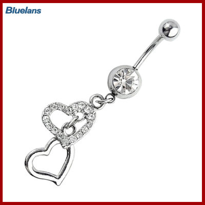 Bluelans®แหวนหมุดเจาะสะดือพลอยเทียมหัวใจคู่ห้อยแฟชั่นสำหรับผู้หญิง