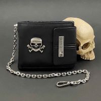 Mens Leather Wallet Purse with Chain Punk Biker Skull Wallet