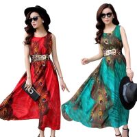 COD DSFDGESERRRRR 【BP】Fashion Summer Peacock Print Sleeveless Round Neck Women Girl Beach Maxi Dress