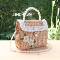 ? ?Linchawa homey bag น้องมีสายสะพายมุก ได้ตกแต่งตามรูป ขนาด กว้าง 9 นิ้ว สูง 7 นิ้ว กระเป๋าสานผักตบชวาจากแหล่งผลิตจั