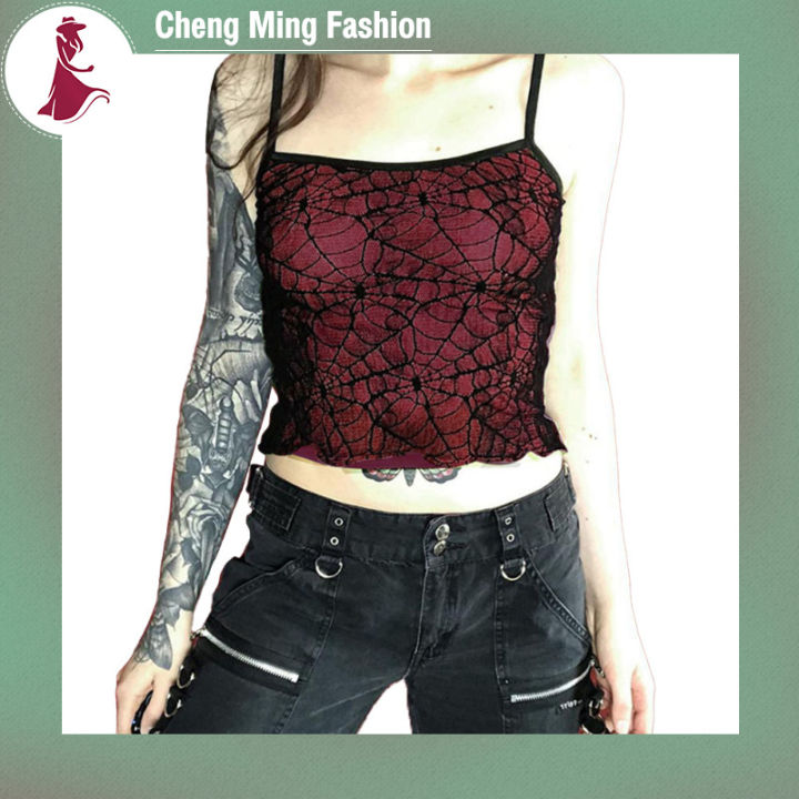 cheng-ming-เสื้อสายเดี่ยวลายดอกไม้ผู้หญิงอินเทรนด์-เสื้อเด็กแขนกุดเข้ารูปพอดีพิมพ์ลายใยแมงมุมสำหรับงานปาร์ตี้ธีมคอนเสิร์ต