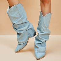 Pleated Western Cowgirl Boots for Women Pointed Toe Thick Heels Cowboy Boots Woman Autumn Winter Fashion Knee High Botas Mujer