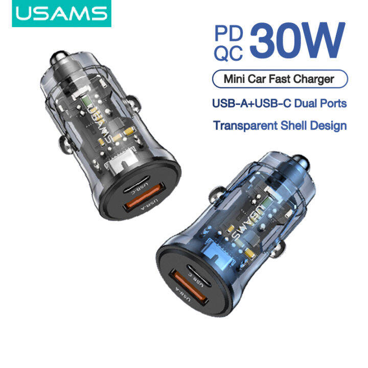 USAMS Mini Car Charger Typec PD+QC 30W USBA+USBC Dual Ports Car Fast