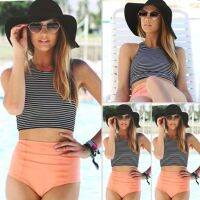 Womens Striped High Waist Tankini Set Swimming Bathing Padded Beach Vacation