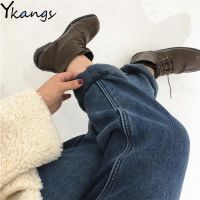 【YD】 size 5XL Thick Fleece Warm Loose harem Jeans waist casual streetwear female blue denim