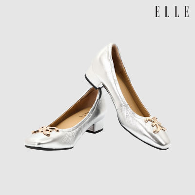 ELLE SHOES รองเท้าหนังแกะ ทรงส้นเหลี่ยม LAMB SKIN COMFY COLLECTION รุ่น Block heel สีเงินเมทาลิก ELB003