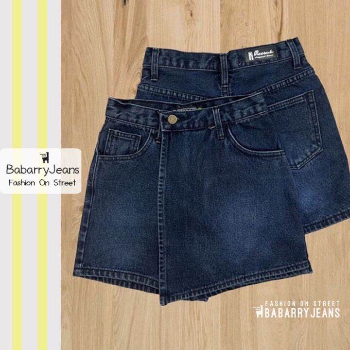 พร้อมส่ง-babarryjeans-กระโปรงกางเกง-ผญ-เอวสูง-ผ้ายีนส์ไม่ยืด-สีดำฟอก-ยาว-15-นิ้ว