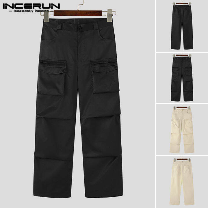 incerun-กางเกงผู้ชายกระเป๋าหลากหลายตรงลำลอง-chino-สไตล์เกาหลี