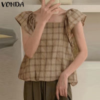 VONDA เสื้อคอปกสี่เหลี่ยมแฟชั่นสำหรับผู้หญิงแขนกุดเสื้อกั๊กทรงหลวมมีระบายลายสก๊อต (ลายดอกไม้เกาหลี)