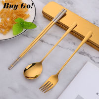 1-5PCS สแตนเลสแบบพกพา Flatware ชุดช้อนส้อมเกาหลีตะเกียบกันลื่นพร้อมกล่องโลหะกระเป๋าช้อนขนมอาหารเย็น