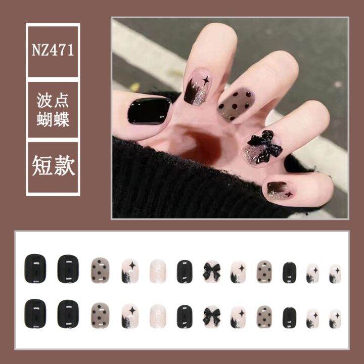 cod-cool-dark-manicure-patch-polka-dot-bow-three-dimensional-wearing-nail-piece-short-section-versatile-fake-stickers