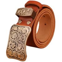 【CW】 Solid brass flower buckle brown black mens belts luxury full grain cowhide genuine leather high quality vintage gold waist women