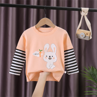 Autumn New Children Fashion White Printed Round Neck T-Shirt Girls Boys Cute Pure Cotton Loose Long Sleeves Kids Daily Casual Stitching Stripe Sleeves Tops For 1-6 Years