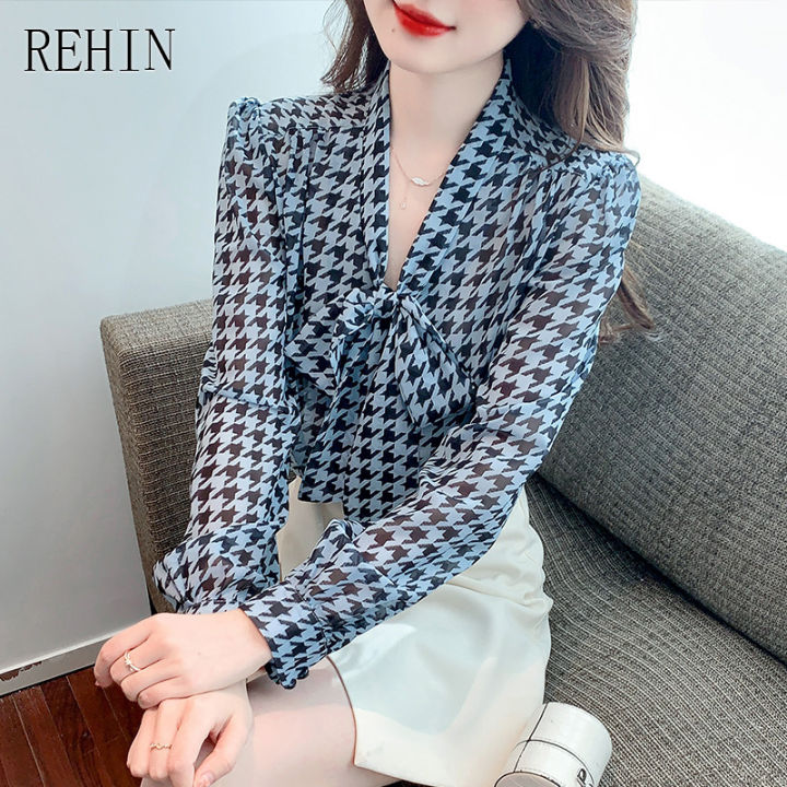 rehin-ผู้หญิงเสื้อแขนยาวฤดูใบไม้ร่วงออกแบบใหม่-niche-collision-houndstooth-พิมพ์ผ้าไหมหม่อน-bow-tie-collar-เสื้อ