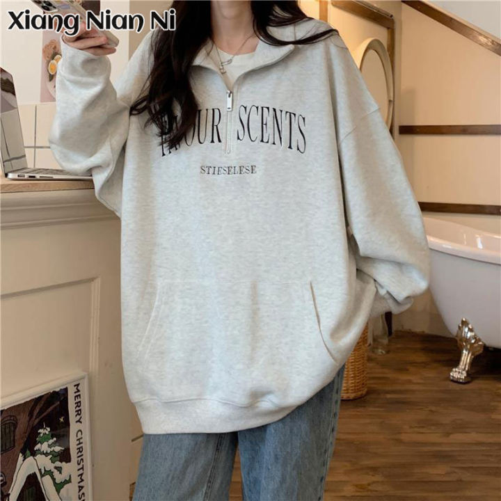 xiang-nian-ni-2022ตัวอักษรเกาหลีพิมพ์เสื้อยืดเสื้อโปโลแขนยาว-hoodie-หลวมขนาด-simple-top