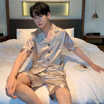 Mens Stain Silk Pajama Set Plus Size 5XL Men Pajamas Silk Sleepwear Male Modern Style Soft Comfortable Satin Night Male Clothes