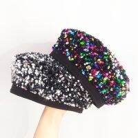 Autmn women lady casual cotton sequins beret cap Girl punk Hip hip rainbow beret British artist pumpkin hats Gorros