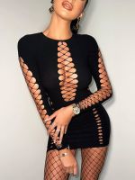 ☋㍿ 2023Elegant casual slim sexy dressBlack Hollow Out Sexy Mini Dress For Women Spring New O Neck Full Sleeve Bodycon Club Party