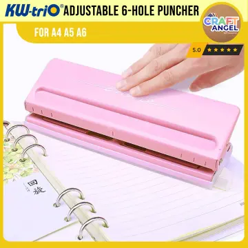 Adjustable 6-Hole Desktop Punch Puncher for A4 A5 A6 B7 Dairy Planner Organizer Six Ring Binder with 6 Sheet Capacity, Pink