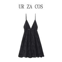 UR ZA COS ชุดเดรสสายคล้องปักคอวีสีดำชุดเดรสหน้าร้อนใหม่มีรู5107408 800ของมาใหม่