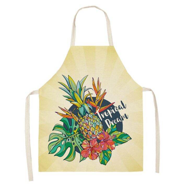 pineapple-tropical-print-cotton-linen-apron-kitchen-women-baking-waist-bib-home-cooking-brief-sleeveless-pinafore-66x47cm