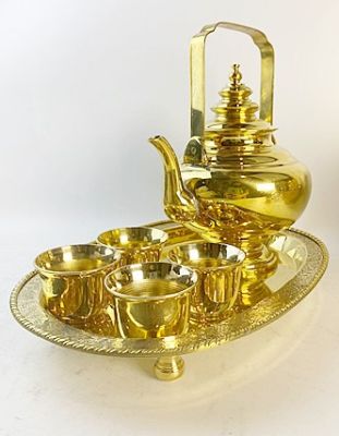 ชุดน้ำชากาโบราณ ฝาสามชั้น ถาดน้ำชาทองเหลืองรูปไข่ 8 x 12 นิ้ว