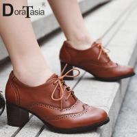 ขนาดใหญ่34-43ยี่ห้อใหม่หญิง Lace-Up Oxfords ปั๊มแฟชั่นรองเท้าส้นสูงหนาผู้หญิงปั๊มสำนักงาน R รองเท้าผู้หญิง ~