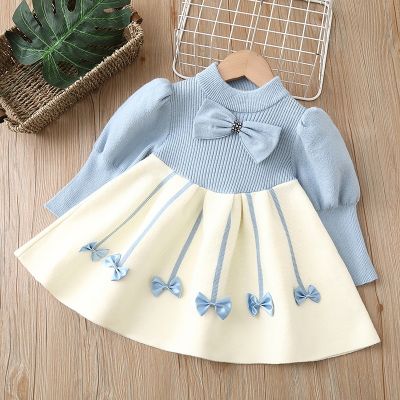 New Years Spring children Girls Clothing Spiral Bow Knitted Pullover Sweater Dress for kids Girls Clothes 2-6 T baby dress