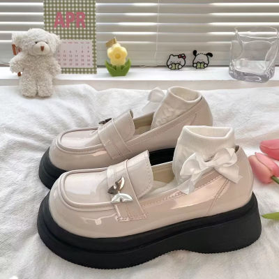 Metal Bow Round Head English Style Small Leather Shoes Womens New Thick Sole One Step French Mary Jane Single Shoes